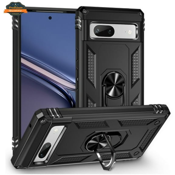 For Google Pixel 7A Shockproof Hybrid Dual Layer PC TPU with Ring Stand Metal Kickstand Heavy Duty Armor Shell Phone Case Cover by Xpression - Black