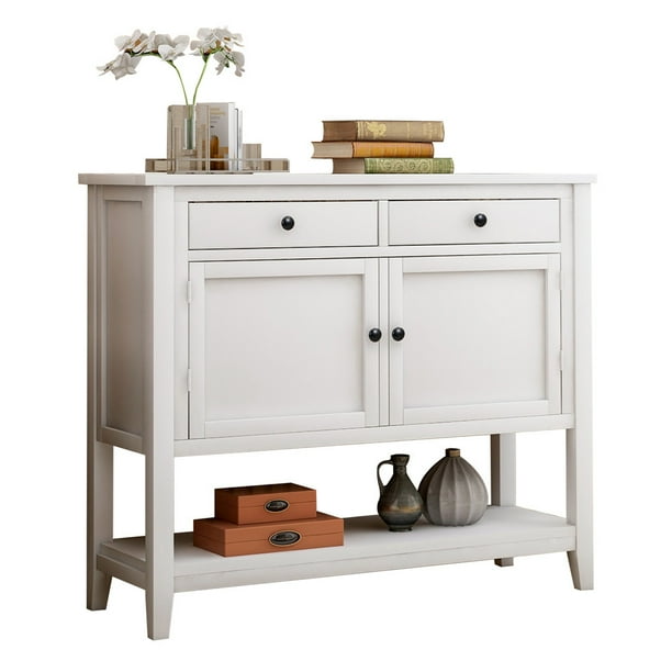 Rustic Style Modern Console Table 2 Drawers Large Cupboard with Open Shelf Wood Storage