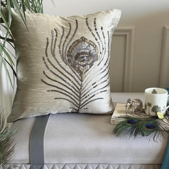 Cushion Covers For Couch, Decorative Grey Pillow Covers For Couch 16x16 inch (40x40 cm), Silk Throw Pillow Covers, Birds, Peacock Feather, Art Deco Pillowcase With Zipper - Peacock