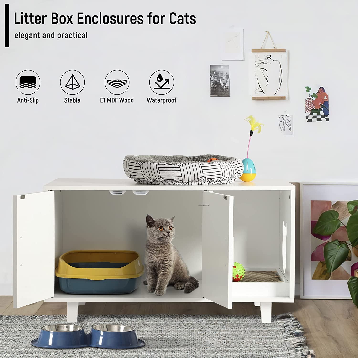  LOUVIXA Litter Box Enclosure, Cat Litter Box Furniture Hidden  Cat Washroom Furniture House Table Nightstand with Cat Scratch Pad  (White&Blue) : Pet Supplies