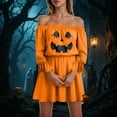thumbnail image 2 of YDFCWXW Women's Off-Shoulder Sexy Pumpkin Print Halloween Dress - Flirty 3/4 Sleeve Mini Dress with Waist-Cinching Fit Orange, L, 2 of 7