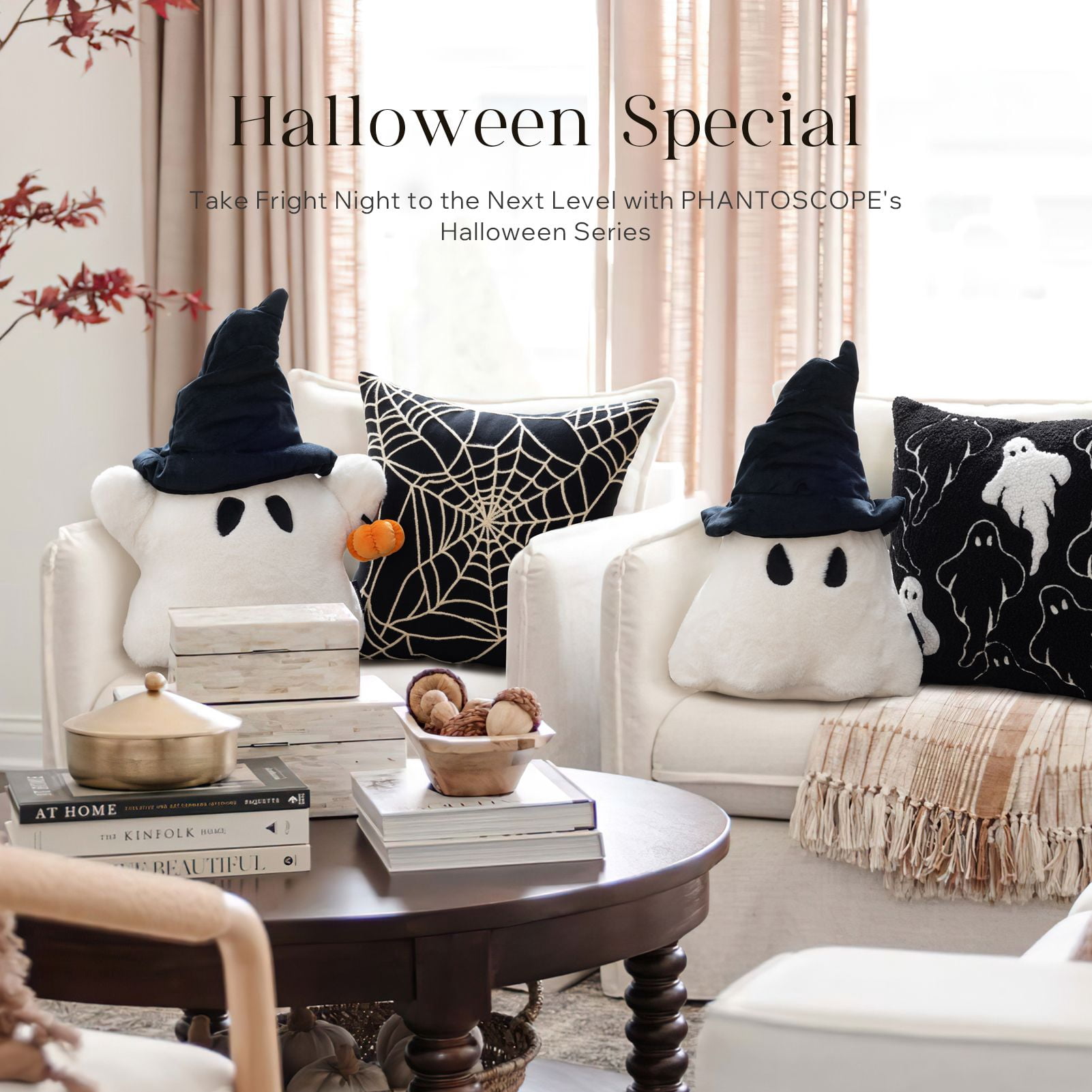 Phantoscope Halloween Ghost Shaped Throw Pillow, Witch Hat Design, Soft Faux Rabbit Fur Decorative Pillow, Spooky Cushion for Couch and Sofa, White, 19 x 14 in