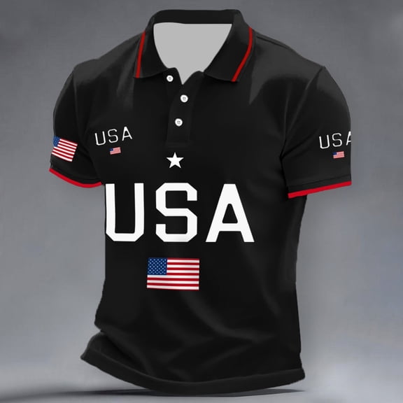 Mens 250 Anniversary USA Polo Shirt American Falg Print Stand Collar Patriotic July 4th Shirts With Button Casual Short Sleeve Pullover Blouses Black L