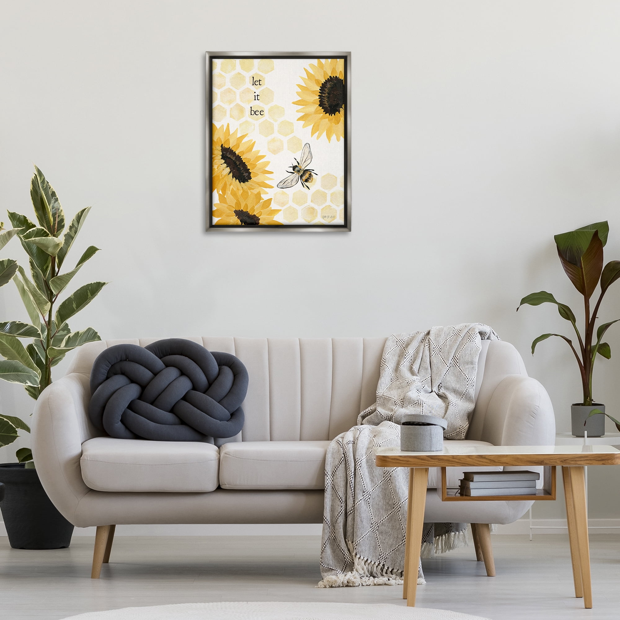 Stupell Industries Let It Bee Honeycomb Botanical & Floral Painting Gray Floater Framed Canvas Art Print Wall Art, 25 x 31