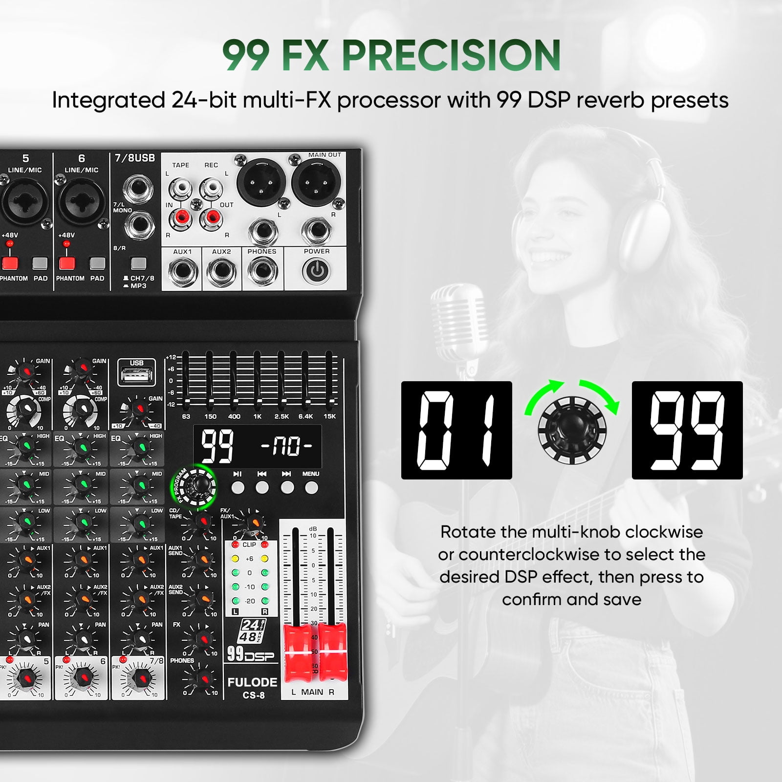 Audio Mixer 8 Channel Sound Mixer Console, Professional Music Mixing Board DJ Mixer w/ 99 DSP, 7-band EQ, USB, Bluetooth, 48V Phantom Power & PAD Function for Recording PA Live Live Streaming