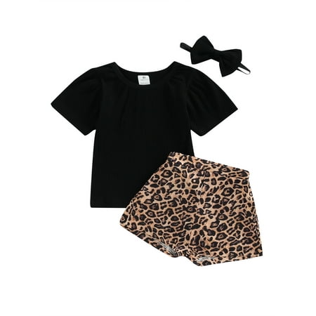 

Sunisery Kids Girls Summer 3Pcs Outfit Short Sleeve O Neck T-shirt + Leopard Print Shorts + Headband Clothes Sets Black 3-4 Years