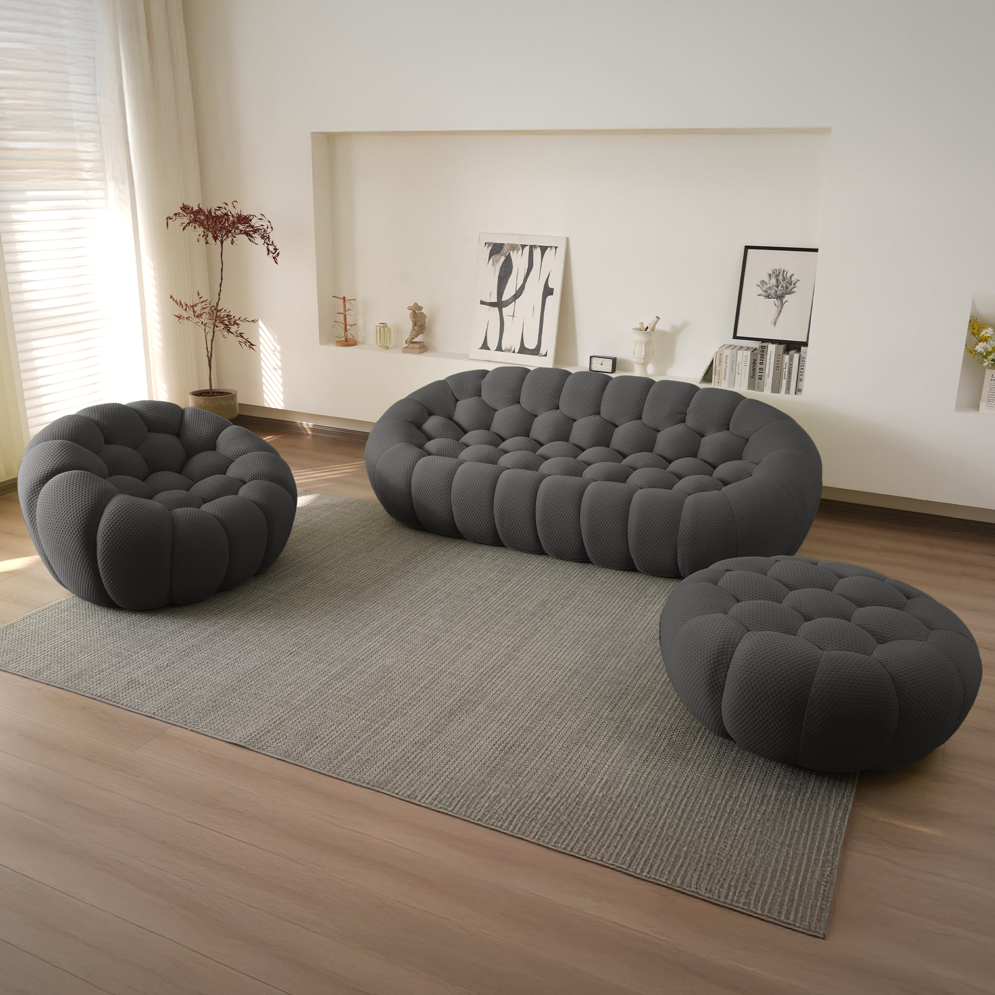 Sodrens 42.52" Bubble Couch,Modern Upholstered Mesh Fabric Lazy Floor Sofa,3D Honeycomb Shape Bubble Sofa Curved Couch for Living Room,Office,Apartment,No-Assembly(Dark Grey,Ottoman)