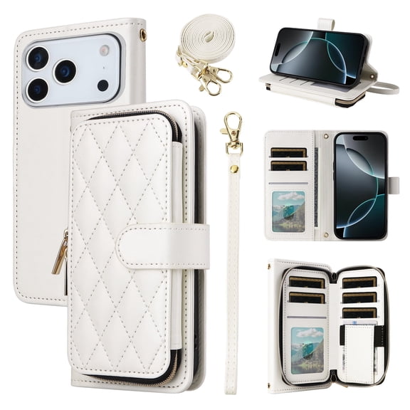 Furiet Argyle Wallet Case for iPhone 17 Pro 6.3 inch & Wrist/Shoulder Strap, Card Slots Zipper Purse Luxury PU Leather Stand Checkered Cell Phone Cover for i Phone17 i17 17Pro Women Girls White