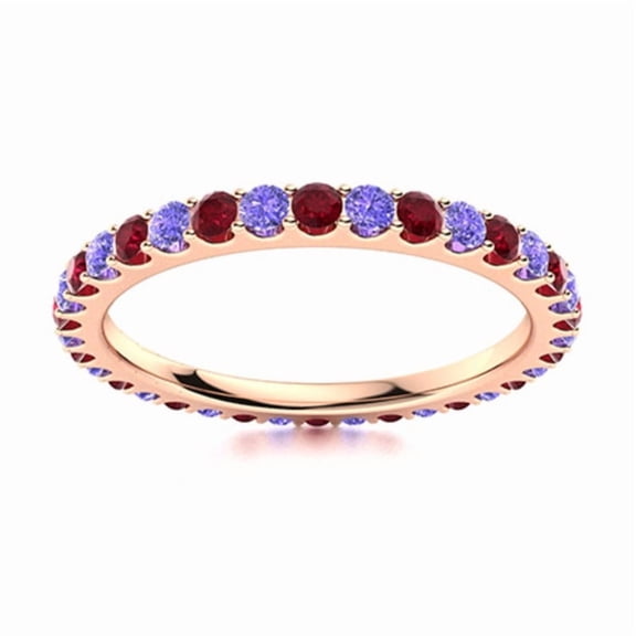 Full Eternity 2MM Round Tanzanite & Ruby 925 Sterling Silver Rose Plated Ring