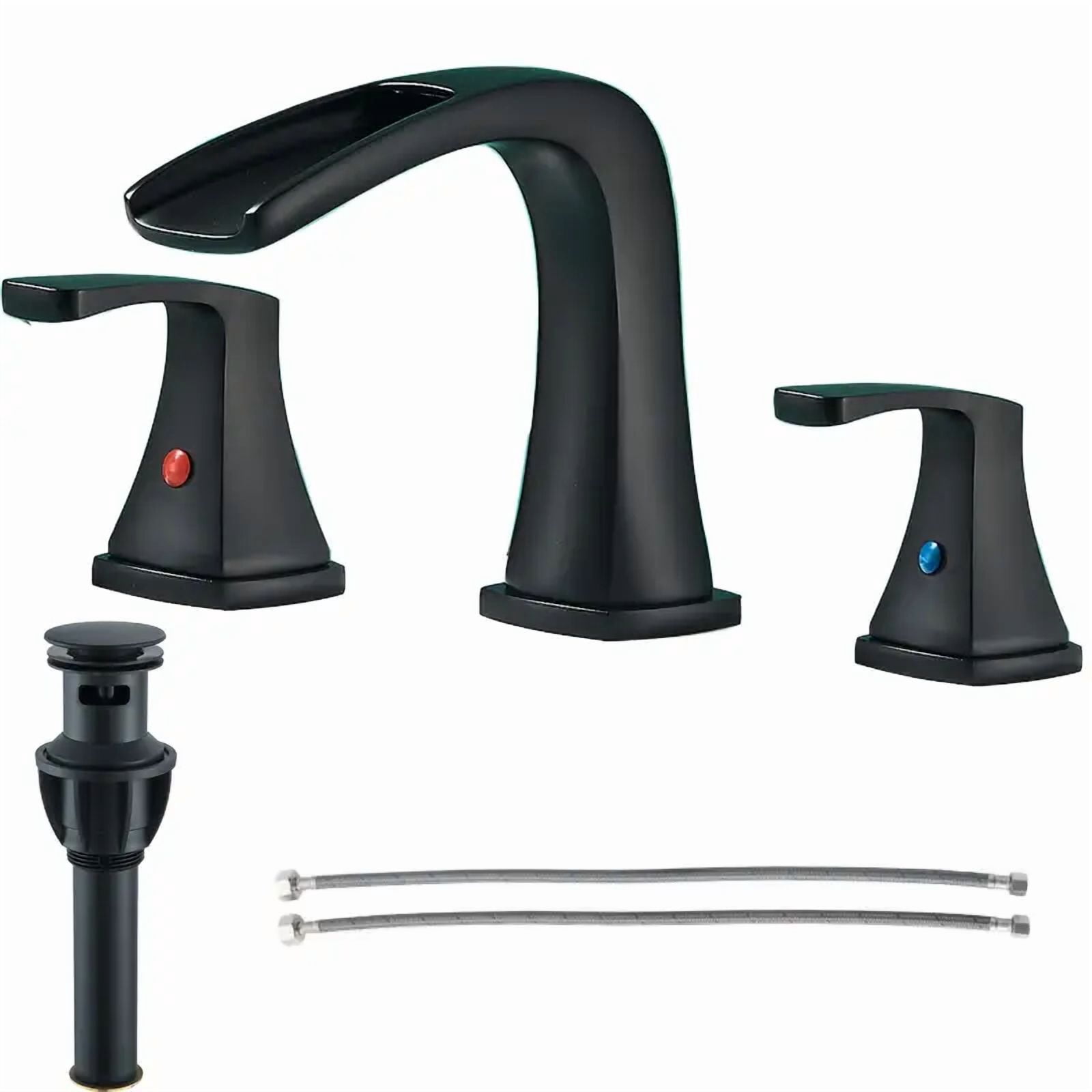 8" Widespread Bathroom Sink Faucet 3holes 2 Handle Waterfall Mixer w/Drain Black