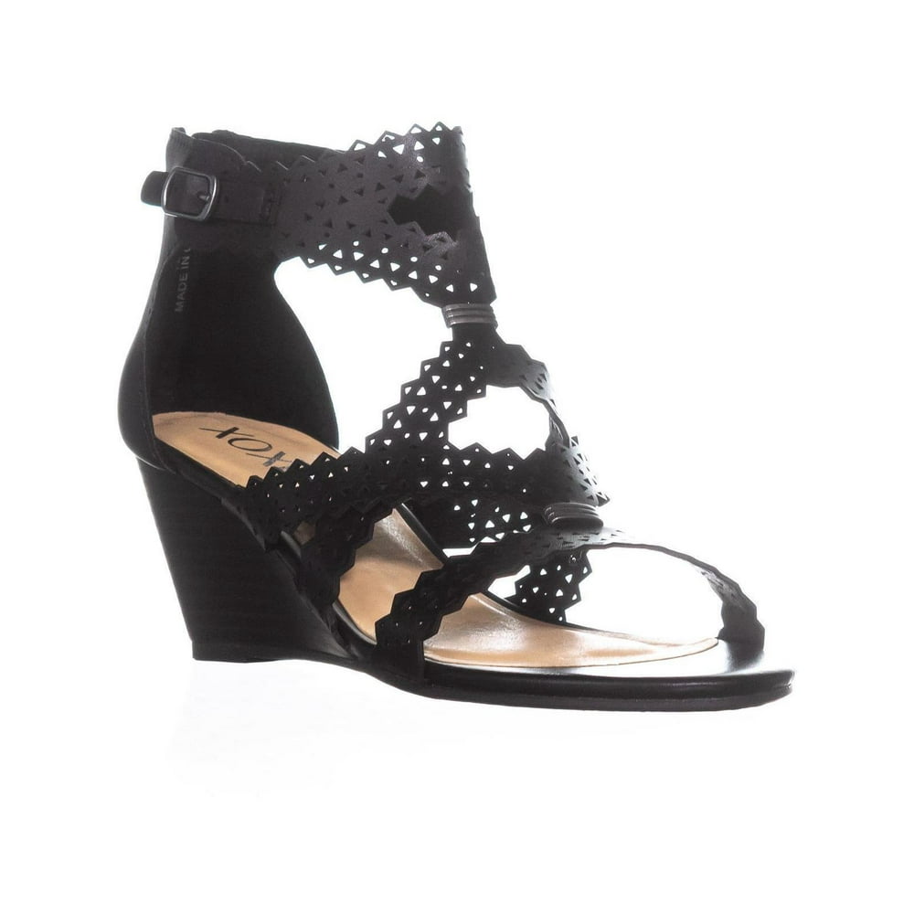 XOXO Womens XOXO Satisha Perforated Strap Wedge Sandals, Black, 7 US