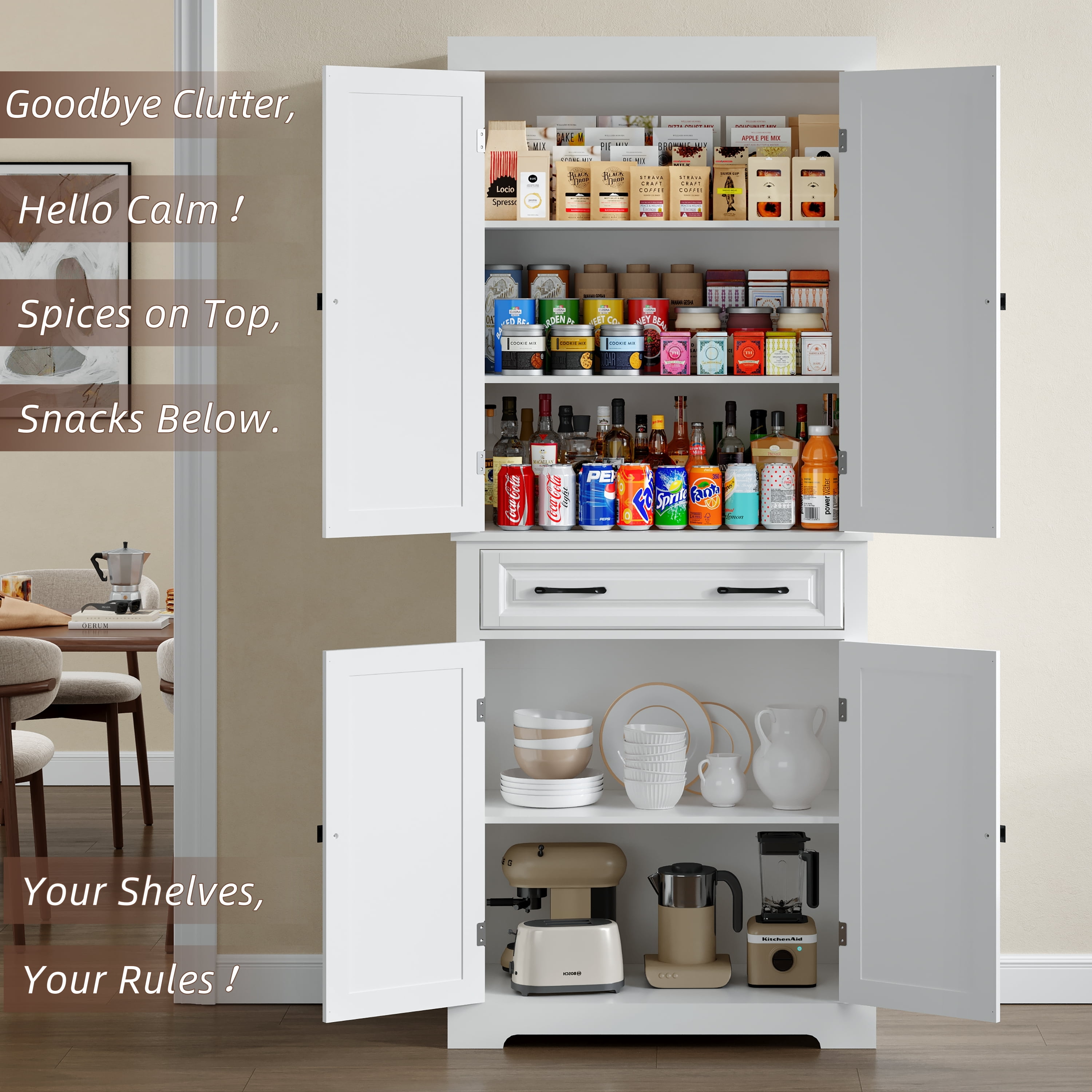 AACULPET 72" Tall Kitchen Pantry Cabinet, Storage Cabinets with Drawer and Adjustable Shelves, White Bathroom Storage