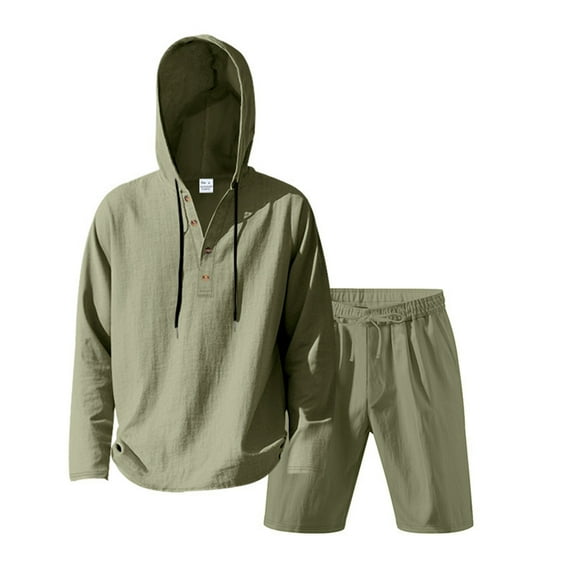 NAFUU Summer Mens Short Sets Men's 2 Pieces Linen Set Casual Button Up Long Sleeve Hoodies And Shorts Vacation Beach Outfits Athletic Casual Outfits