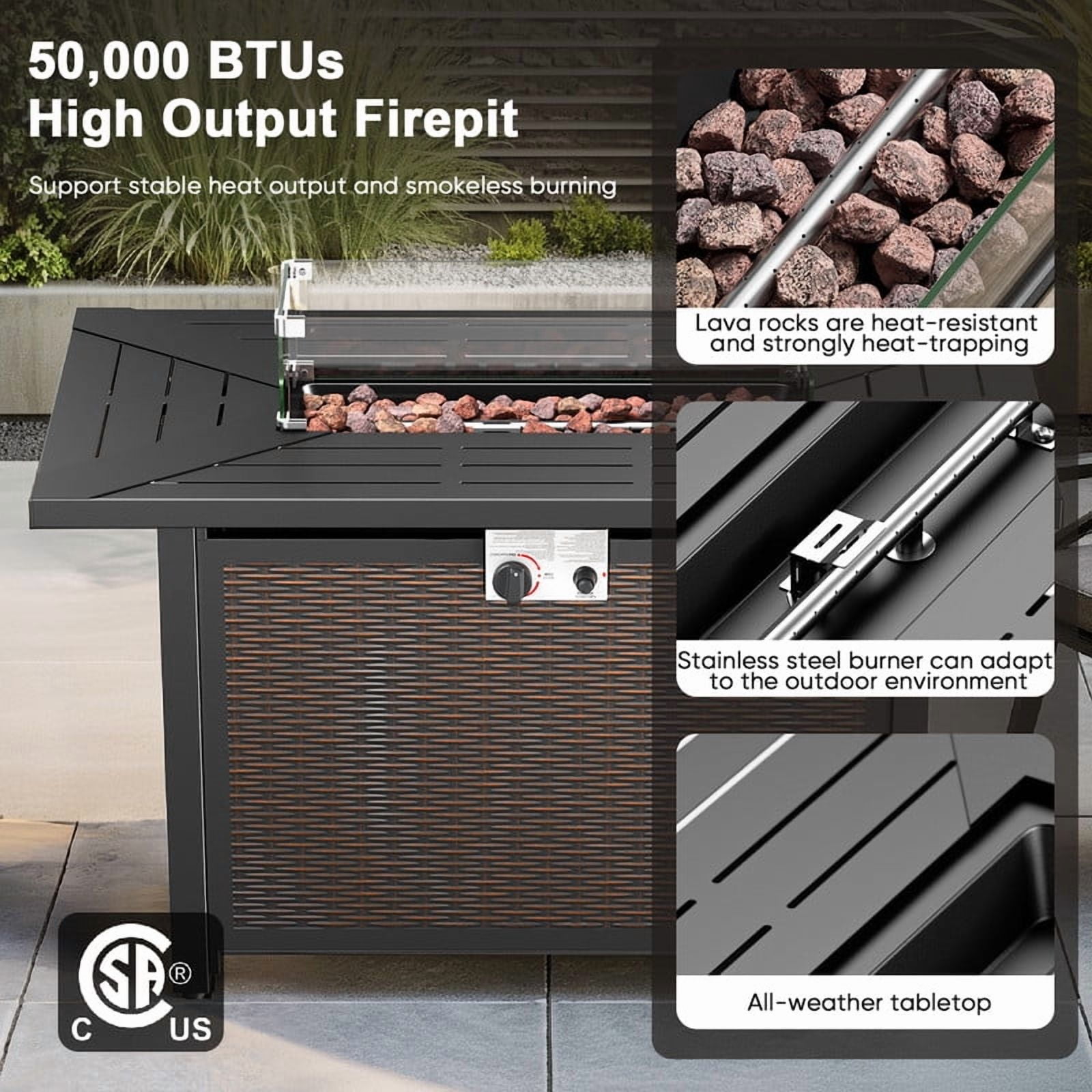 Giantfurnni 43" Propane Fire Pit Table with Lid, Outdoor Metal 50,000 BTUs Rectangle Gas Fire Pit Table with Glass Wind Guard and Lava Rocks for Balcony Porch Deck