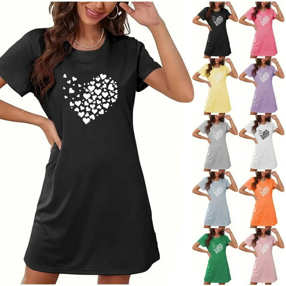 Aboser T Shirt Nightgowns for Women Soft Short Sleeve Sleepwear Cute Heart Printed Nightshirts Casual Crew Neck Pajama Dress Loose Fit Loungewear Juniors Nightgown