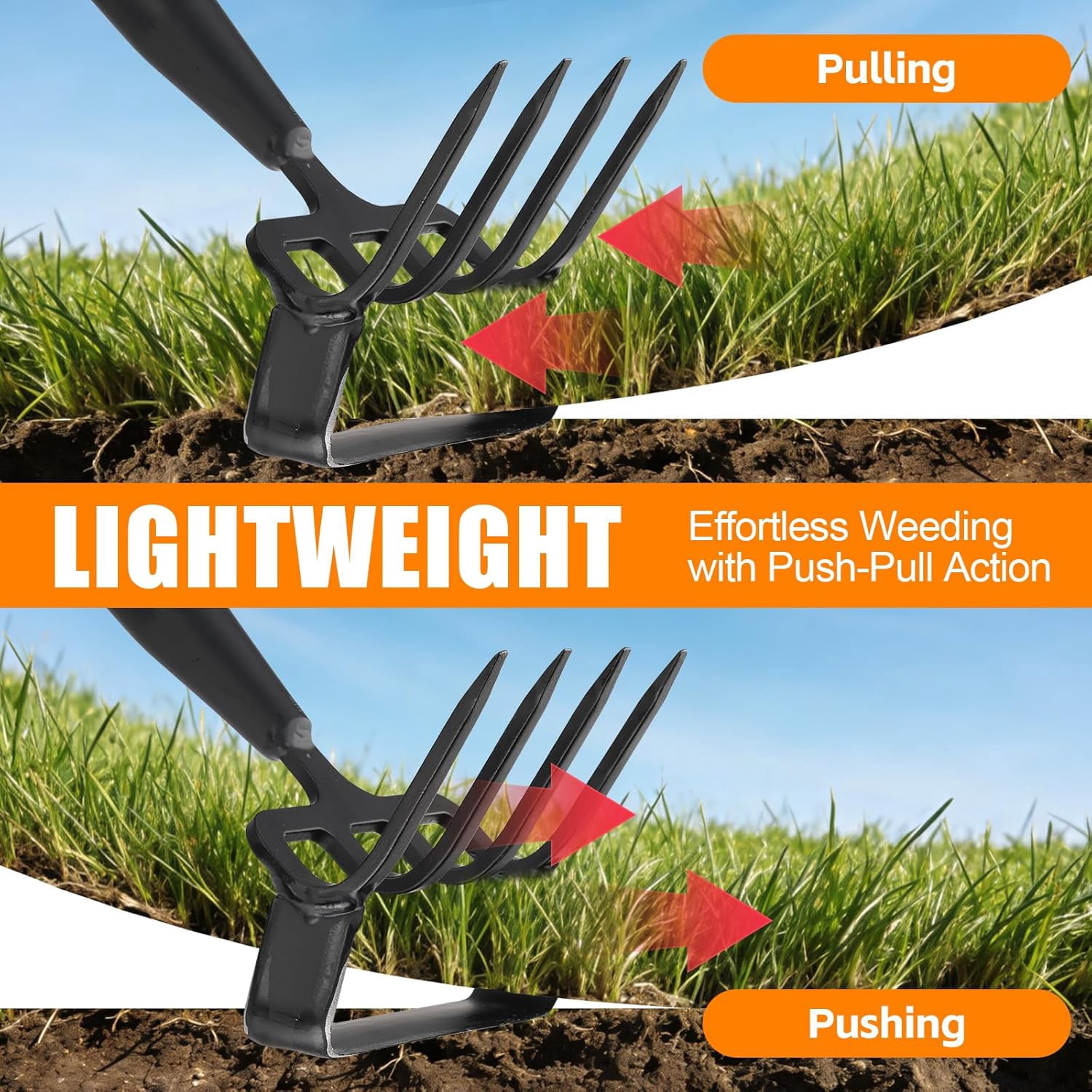 Garden Hoe, 62 Inch Weed Tool, Long Soil Tiller Cultivator, Heavy Duty Metal Stirrup Hoe Weeder Scraper Rake for Flower Beds, Patio, Garden Loosening Soil Weeding Digging