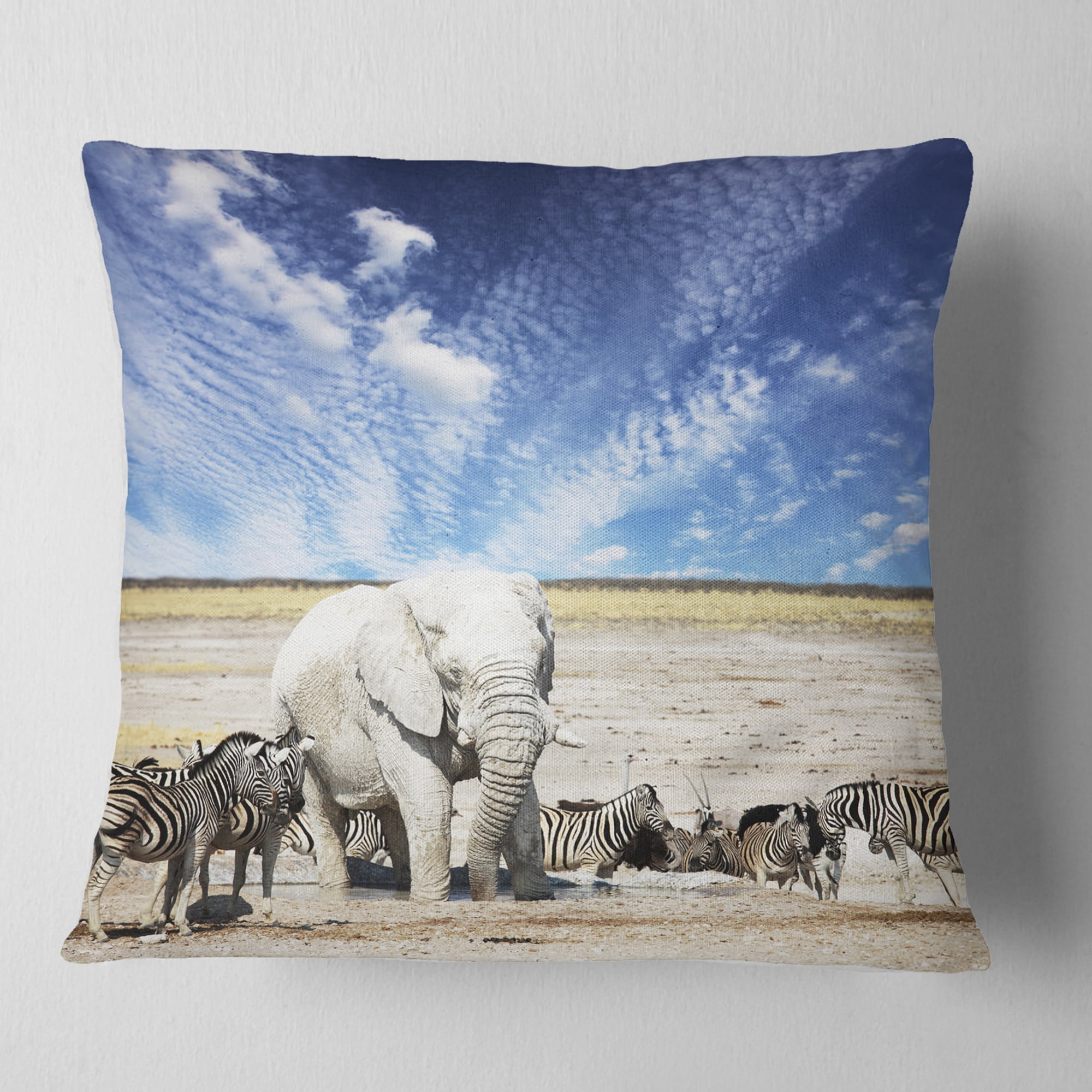 Designart Huge White Elephant and Zebras - Abstract Throw Pillow - 18x18