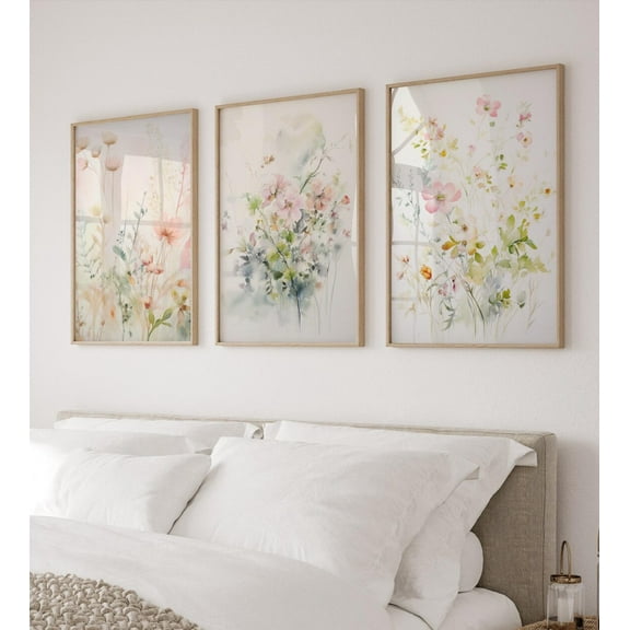 Luvia Pastel Wildflowers Prints Set Of 3, Abstract Soft Pastel Pink Flowerss, , Modern Wall Decor Set 3 Prints 8x12 UNFRAMED