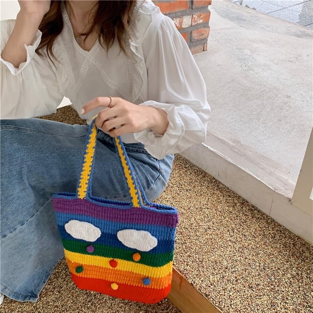 Bolso de playa de ganchillo, bolso cruzado arcoíris, accesorios, firme y duradero para usar, artículos fáciles de sostener. (Grande)