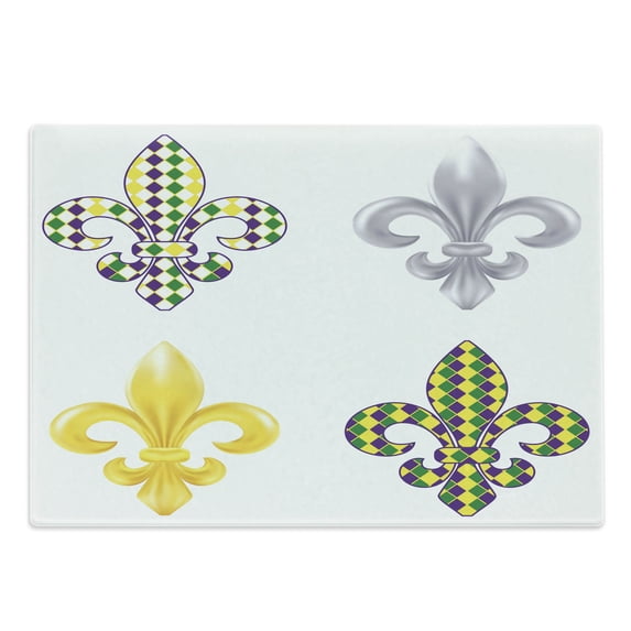 Mardi Gras Cutting Board, Fleur De Lis Motifs with Mardi Gras Pattern Traditional Lily Flowers Pattern, Decorative Tempered Glass Cutting and Serving Board, Large Size, Multicolor, by Ambesonne
