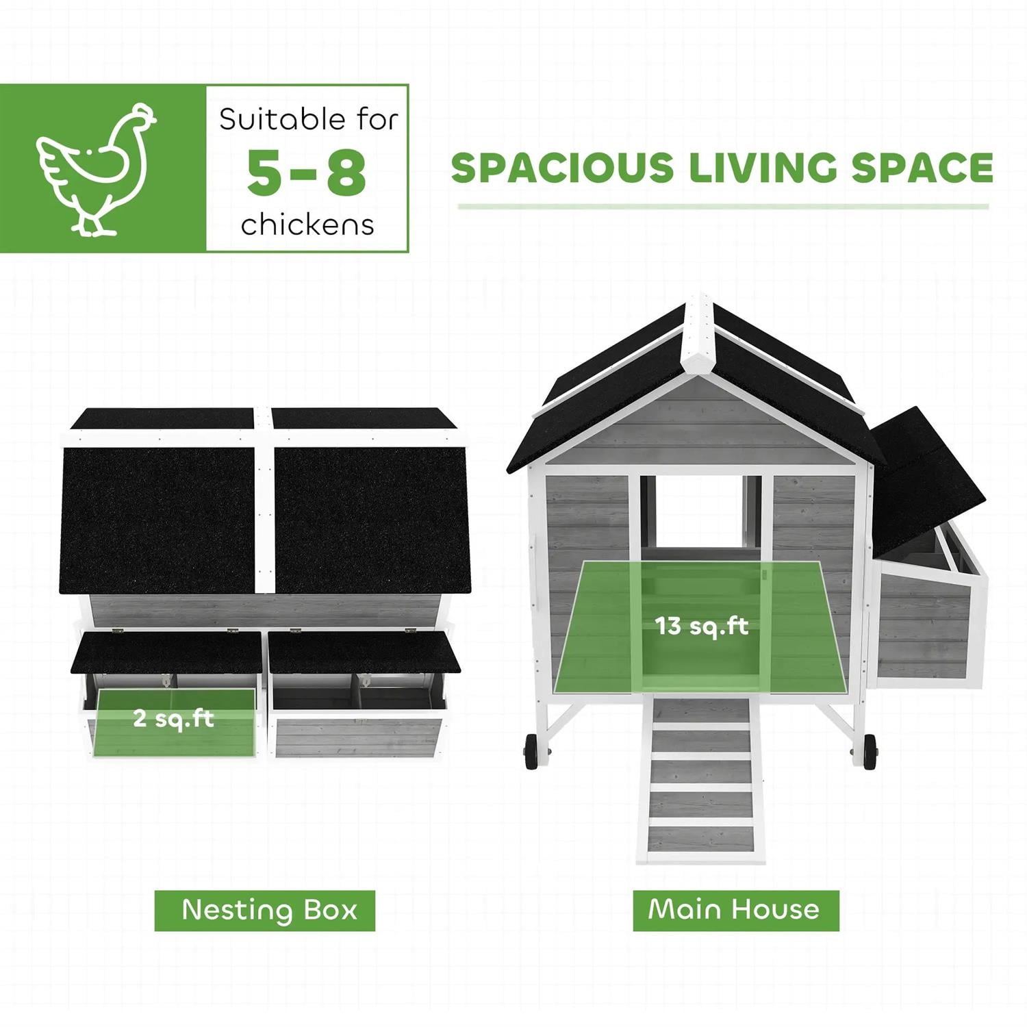 Pefilos 59" Large Chicken Coop Rabbit Hutch, Outdoor Wooden Poultry Cage Hen House with Nesting Box, Wheels, Tray for Garden Backyard, Gray