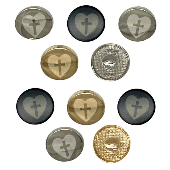 Cross in Heart Christian Set of 10 Metal 0.6" (15mm) Sewing Shank Round Buttons - Silver Color