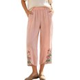 thumbnail image 2 of Utoimkio Women's Cropped Pants Linen Elastic Waist Floral Embroidery Capri Trousers with Side Pockets for Summer Beach Daily Walk, 2 of 9