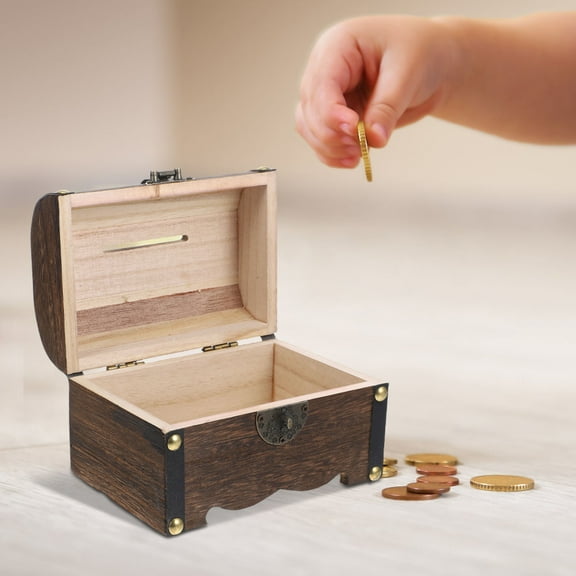 LEORX Lockable Decorative Box Treasure Chest Box Dark Brown Wood Coin Storage Office Decor 1Set