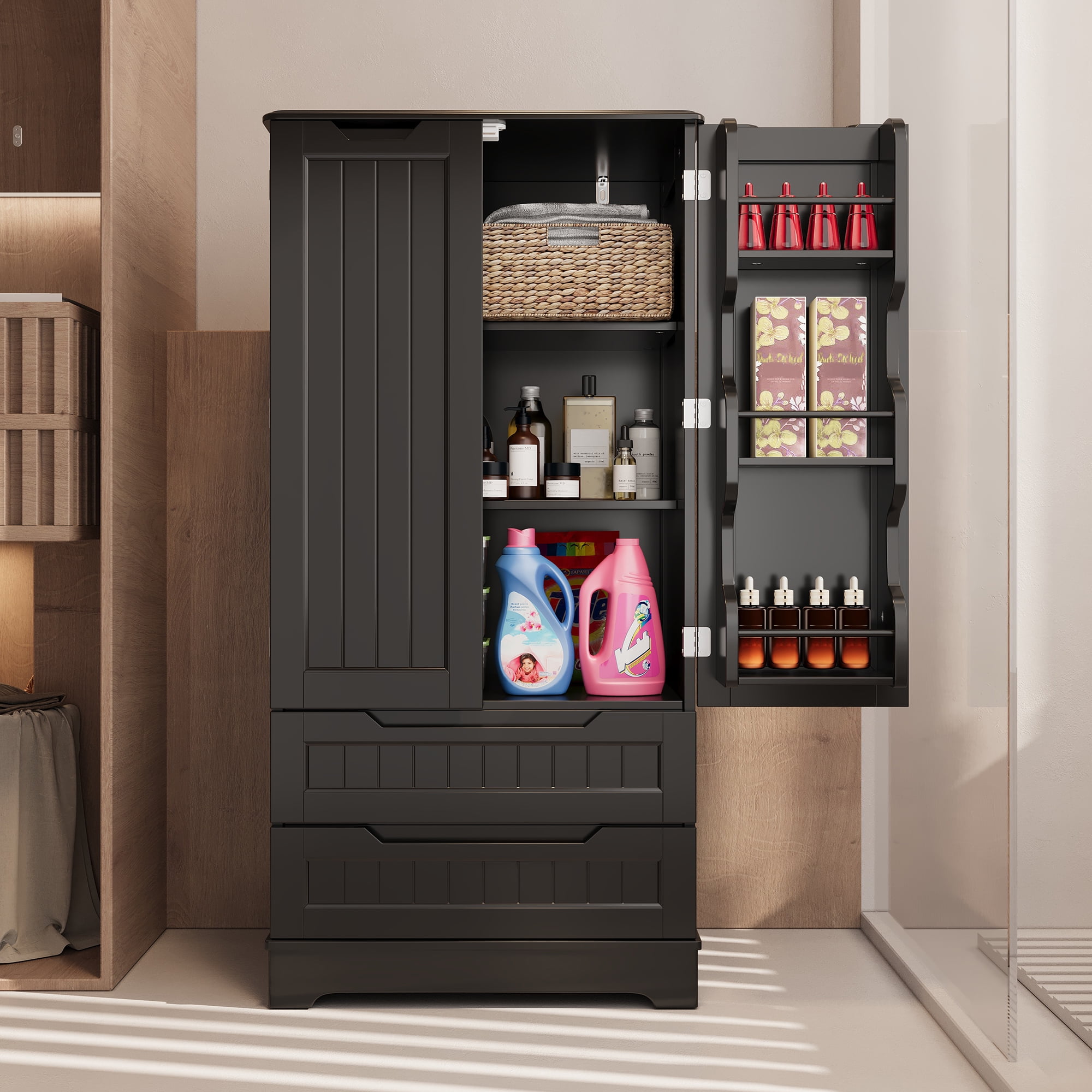 63'' Large Kitchen Pantry Cabinet with Drawers, Noelse Pantry Storage Cabinets with 2 Doors and 3 Shelves for Kitchen Dining Room and Living Room, Black