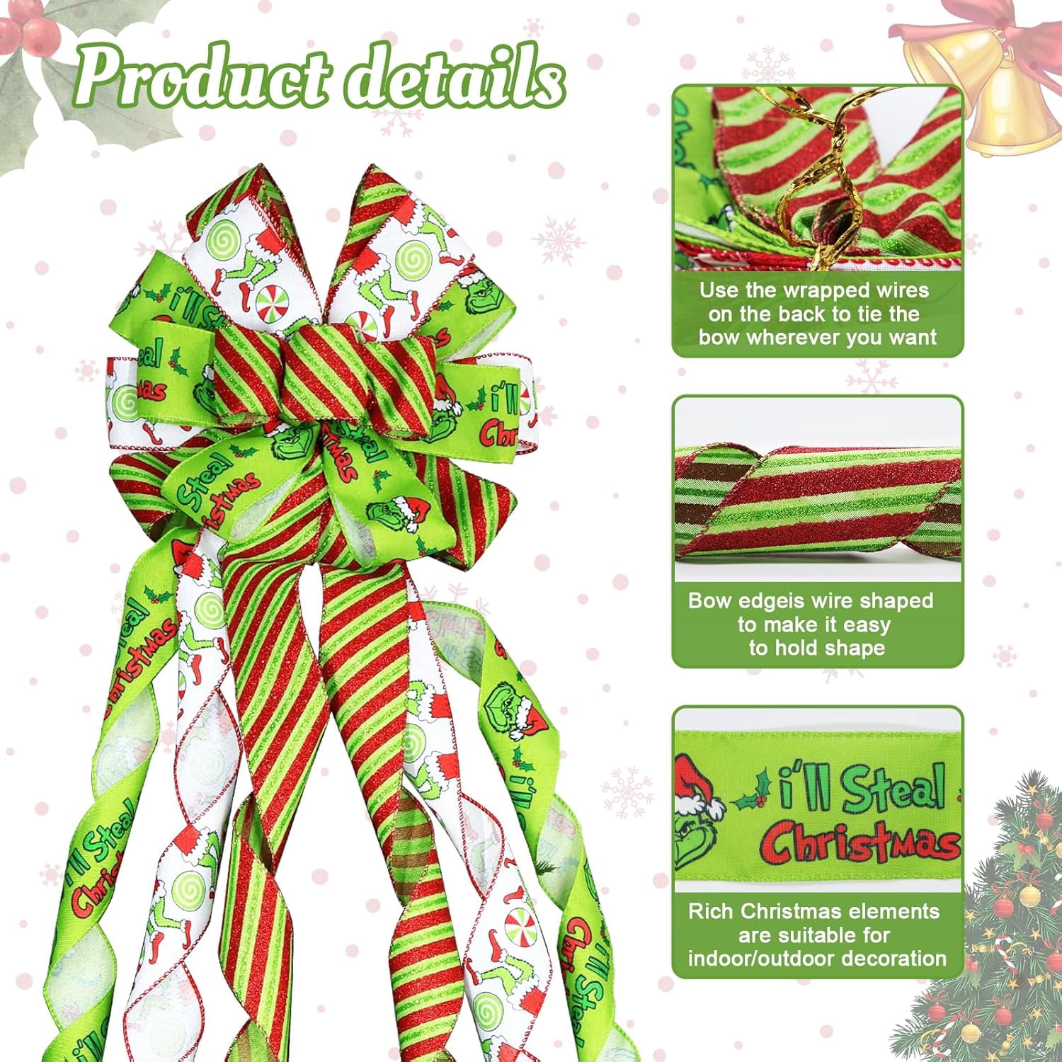 Large Christmas Tree Topper Bow 52x13 Inch, Pre-Tied Wired Ribbon Wreath Bows, Xmas Ornaments with Long Wired Edge Streamer for Holiday Thanksgiving Indoor Outdoor Party Decoration (Green)