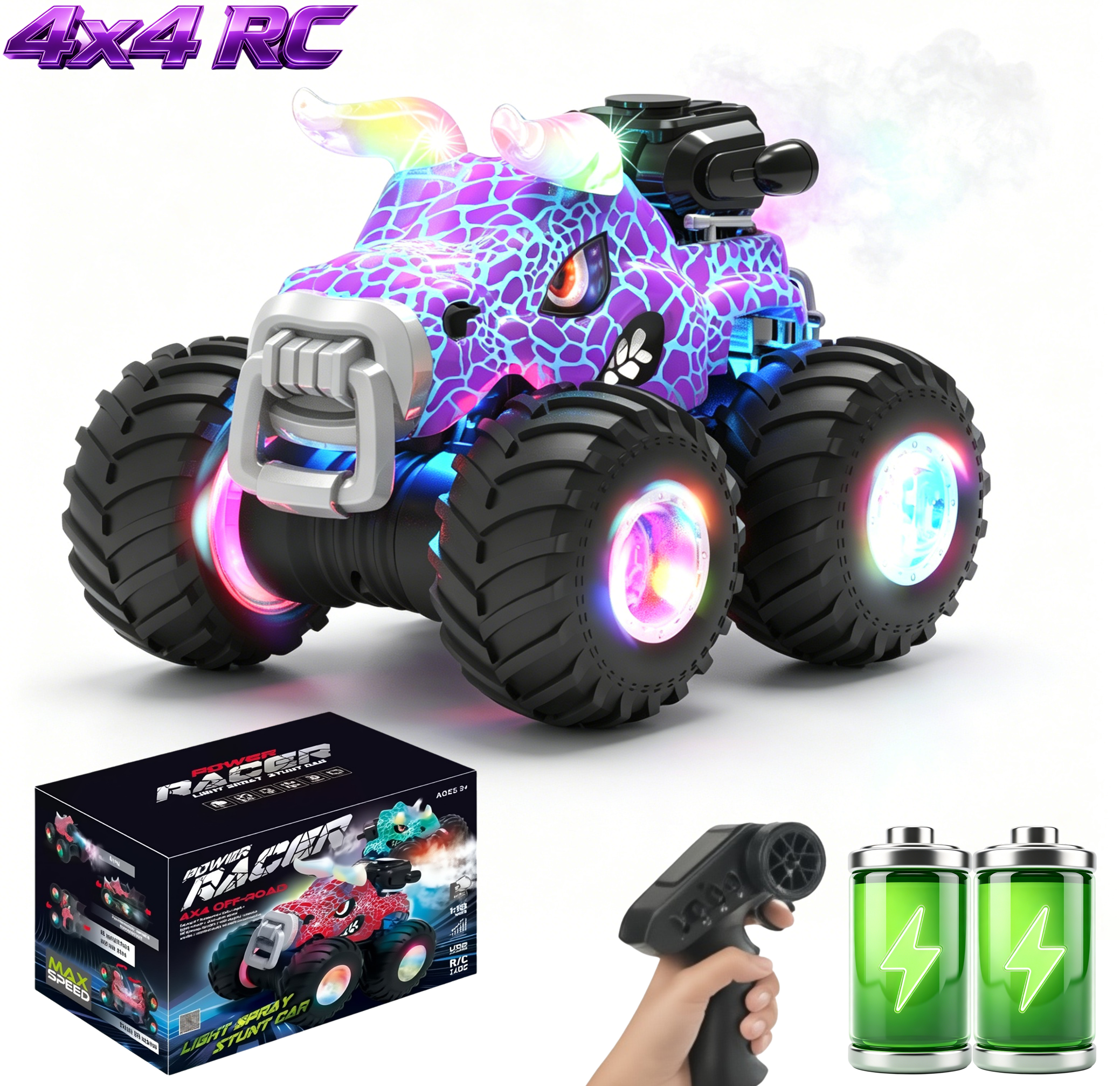 HNH 1:18 RC Monster Trucks Remote Control Car for Kids, 360°Rotating All Terrain RC Stunt Car with Light & Music, Cow-Purple