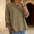 thumbnail image 2 of Womens Tops 3/4 Sleeve Cotton and Linen V Neck Embroidered Casual Loose Top Fashion Shirt, 2 of 6