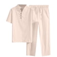 thumbnail image 2 of Bixock Plus Size Sweatsuit Outfits fot Men,2 Piece Set for Men Solid Color Linen Short Sleeve V Neck Button Shirt and Long Pants Summer Casual Vacation Set, 2 of 6