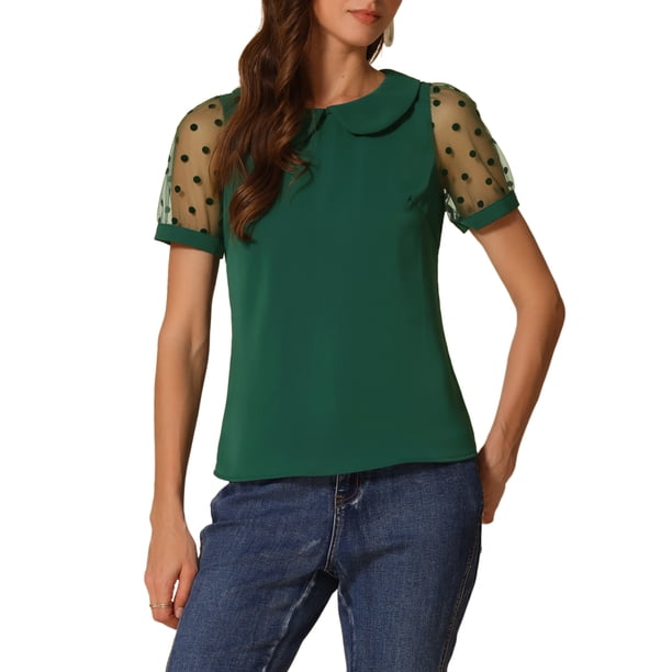 TOP INSPIRADOR CHIC para Mujeres con Cuello Peter Pan, Manga Puff de Malla, Blusa Vintage de Lunares XS Verde Oscuro