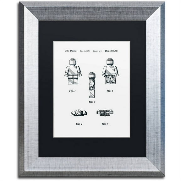 Trademark Fine Art "Lego Man Patent 1979 Page 1 White" Canvas Art by Claire Doherty, Black Matte, Silver Frame