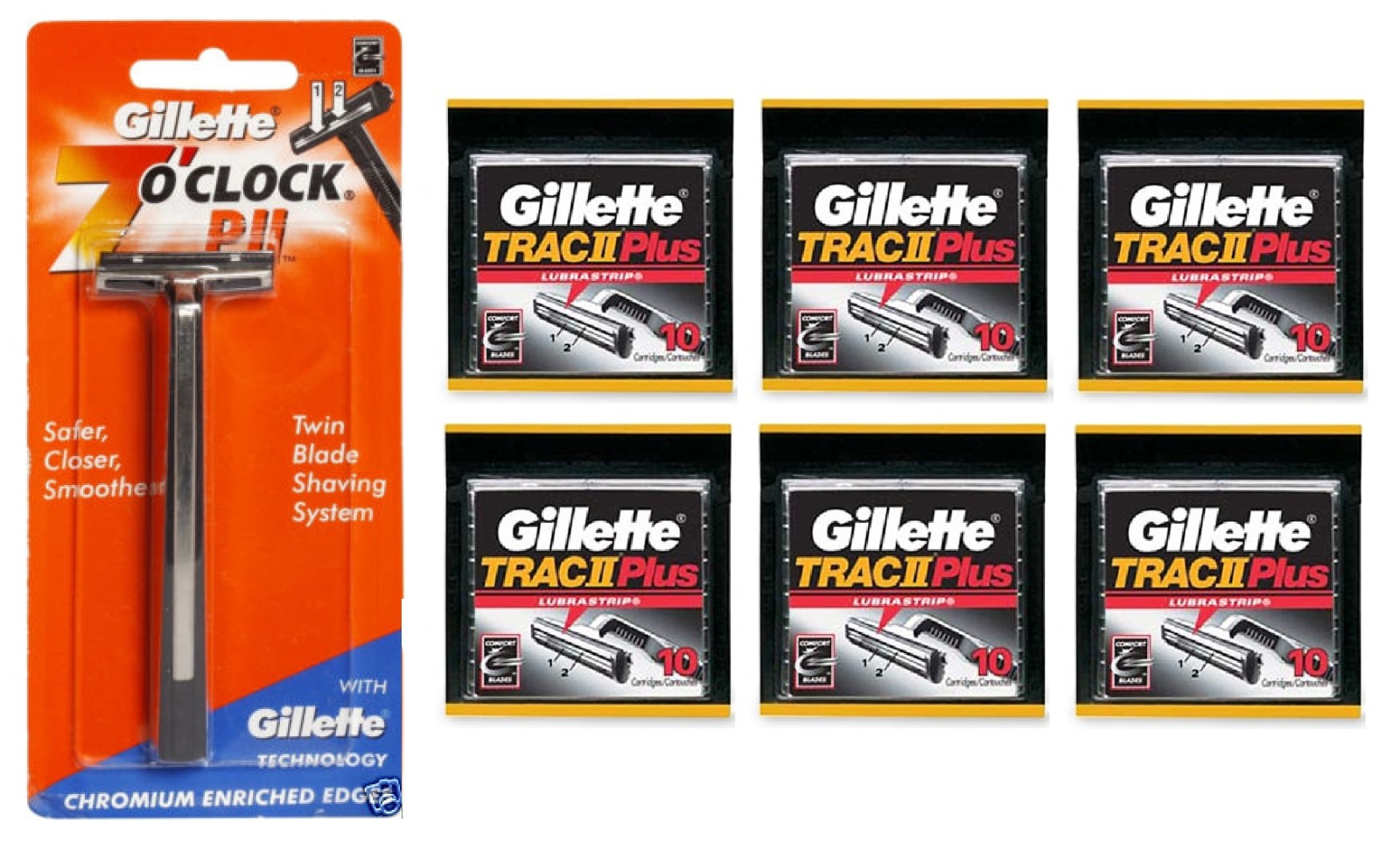 Gillette 7 O'Clock PII Trac II Razor + Trac II Plus Refill Blade Cartridges 10 ct. (Pack of 6