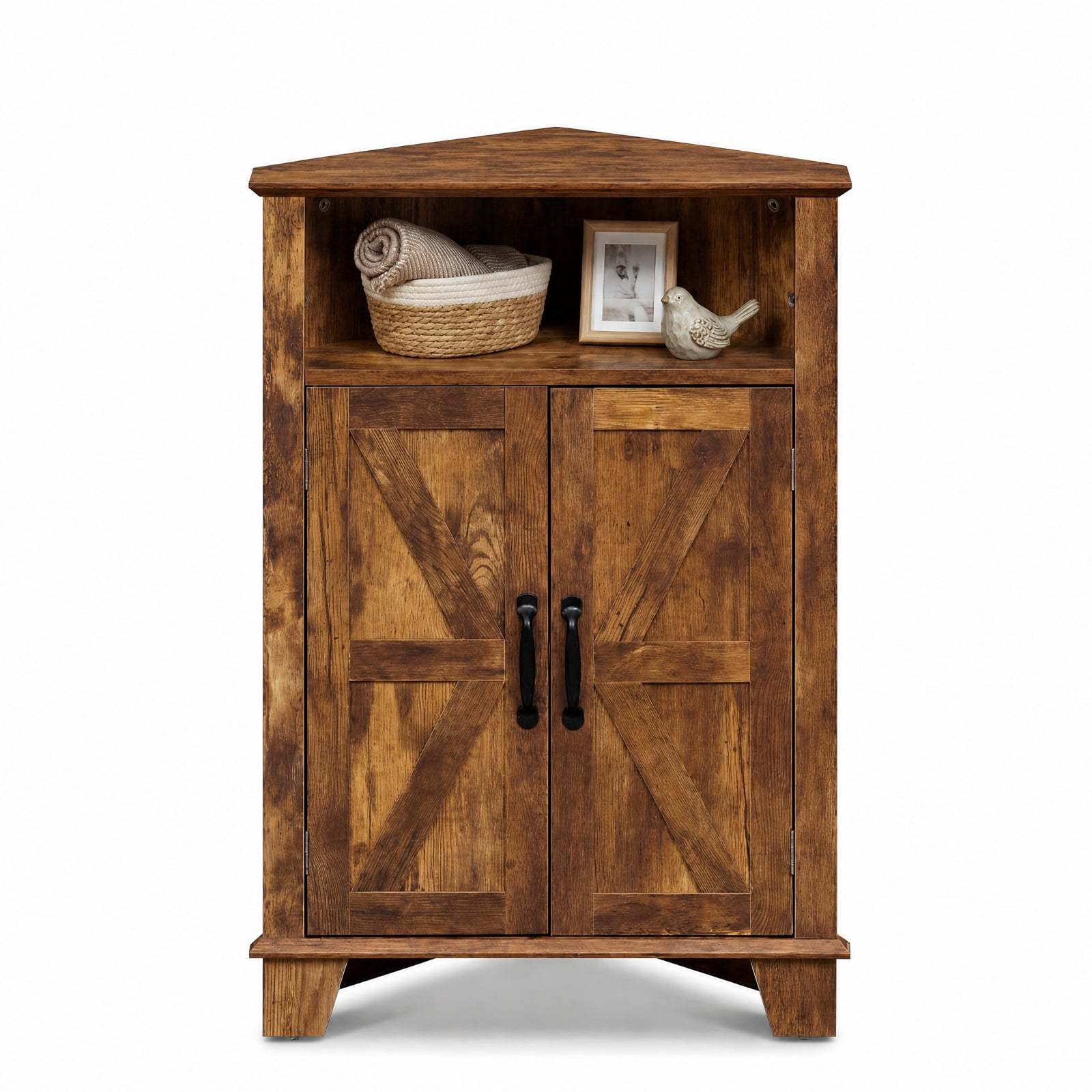 Furnibear 4 Tier Corner Accent Cabinet with Doors Open Shelf and Adjustable Storage for Kitchen Living Room and Entryway, Rustic Brown