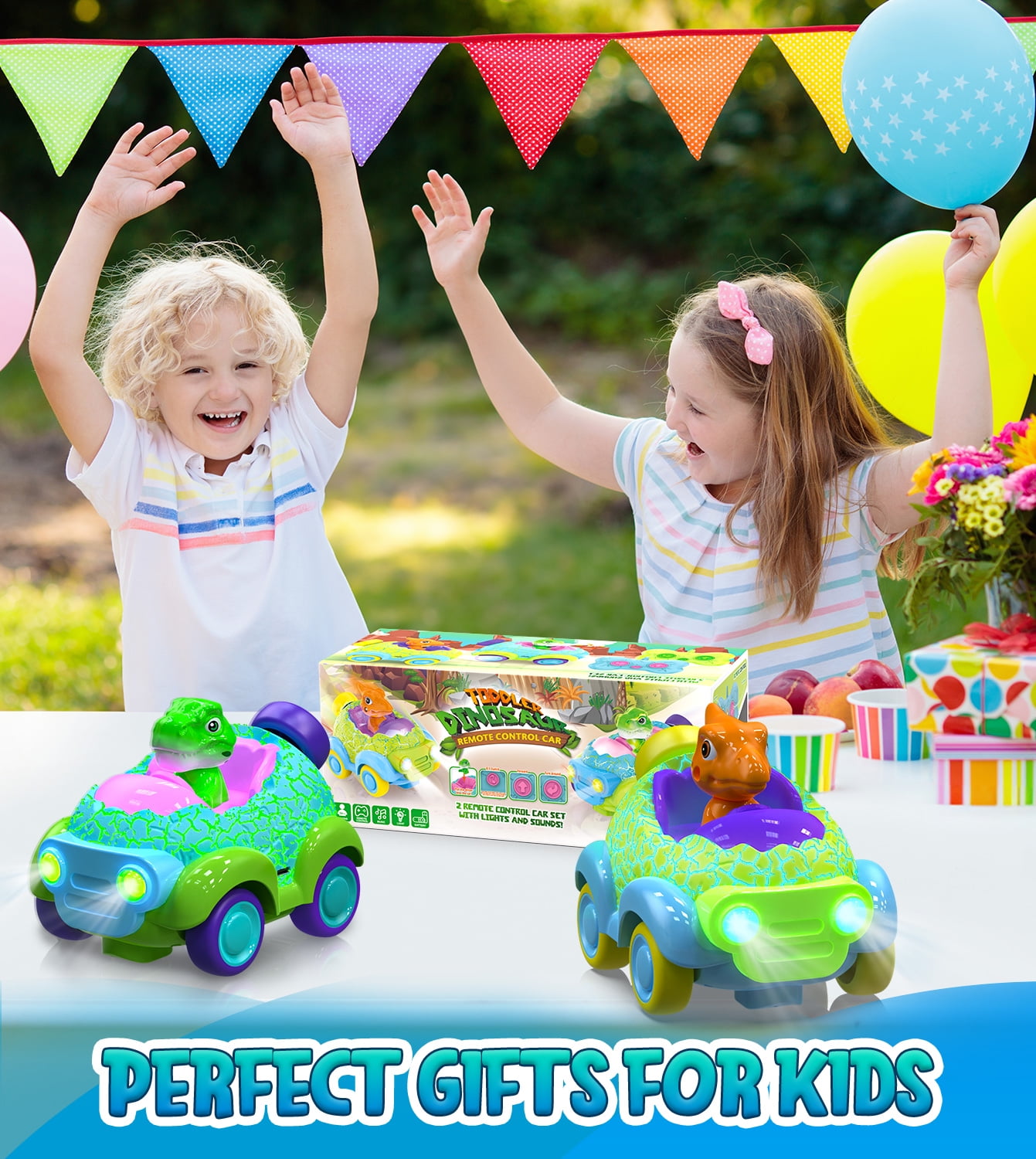 Carsky Remote Control Cars for Toddlers, 2 Pack Dinosaur Racing Cars Toys for Kids 2-3 with LED Lights, RC Toys for 2 3 4 5 Year Old Boys Girls, Birthday Gifts Toy for Kids
