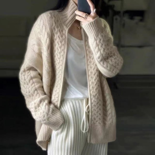Suéter grueso de otoño e invierno para mujer, cárdigan corto de punto con cuello alto holgado y estilo perezoso