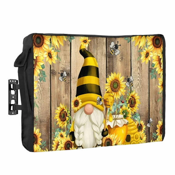 Outdoor TV Cover 30 to 32 Inches, Farmhouse Rustic Gnome Sunflower Bee Retro Wood Grain Waterproof and Weatherproof TV Cover with Remote Control Pocket, Flat Screen TV Cover Protector for Outside TV
