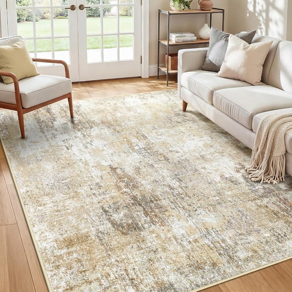 Washable 5' x 7' Abstract Area Rug in Gray and Neutral Brown Non-Slip Low-Pile Design for Living Room Bedroom Kitchen