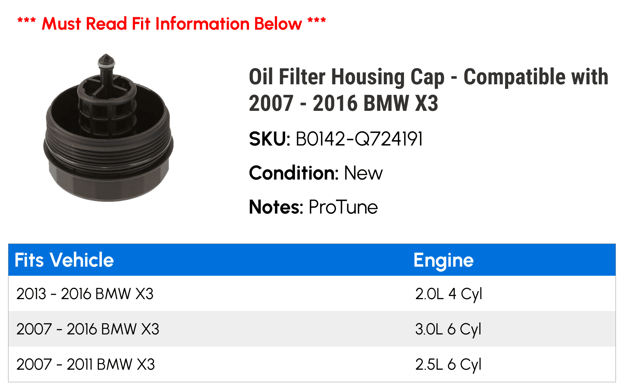 Oil Filter Housing Cap - Compatible with 2007 - 2016 BMW X3 2008 2009 2010 2011 2012 2013 2014 2015