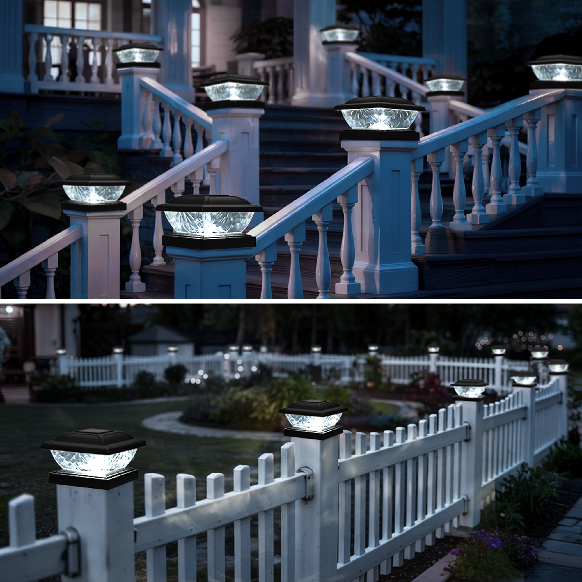 FKHouse Black Solar Powered LED Outdoor Fence Post Cap Lights, 4 Pack, Cold White