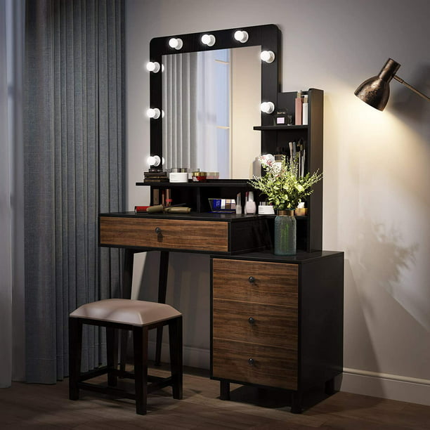 Makeup Vanity Table With Lighted Mirror, Shumake 2 Drawer Combo Dresser With Mirror