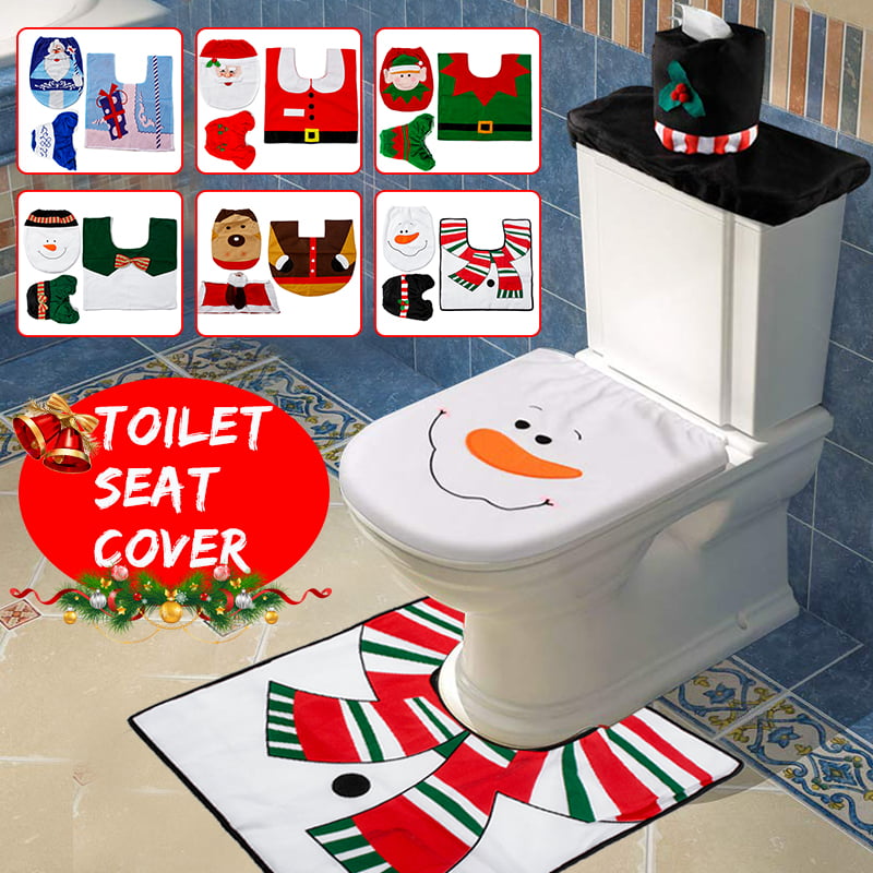 Christmas Decoration Snowman Santa Happy Toilet Seat Cover Bathroom RUG Blue 