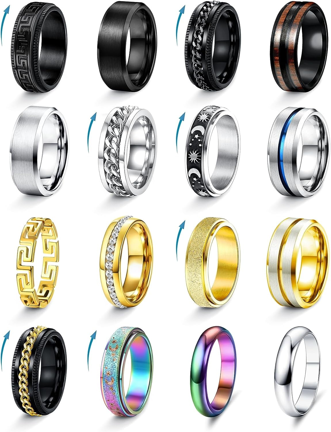 16PCS Stainless Steel Fidget Rings for Men Women Silver Gold Black Mens ...
