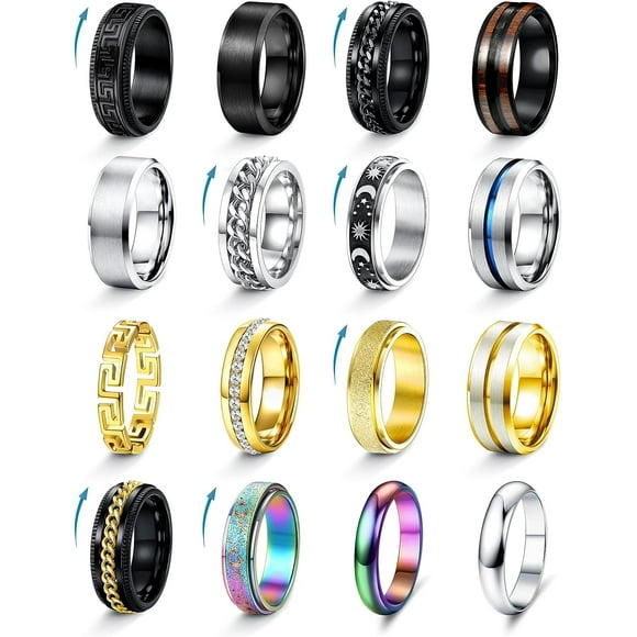 16PCS Stainless Steel Fidget Rings for Men Women Silver Gold Black Mens Rings Cool Male Band Rings Chain Spinner Rings Fashion Anxiety Rings Pack Size 7-13
