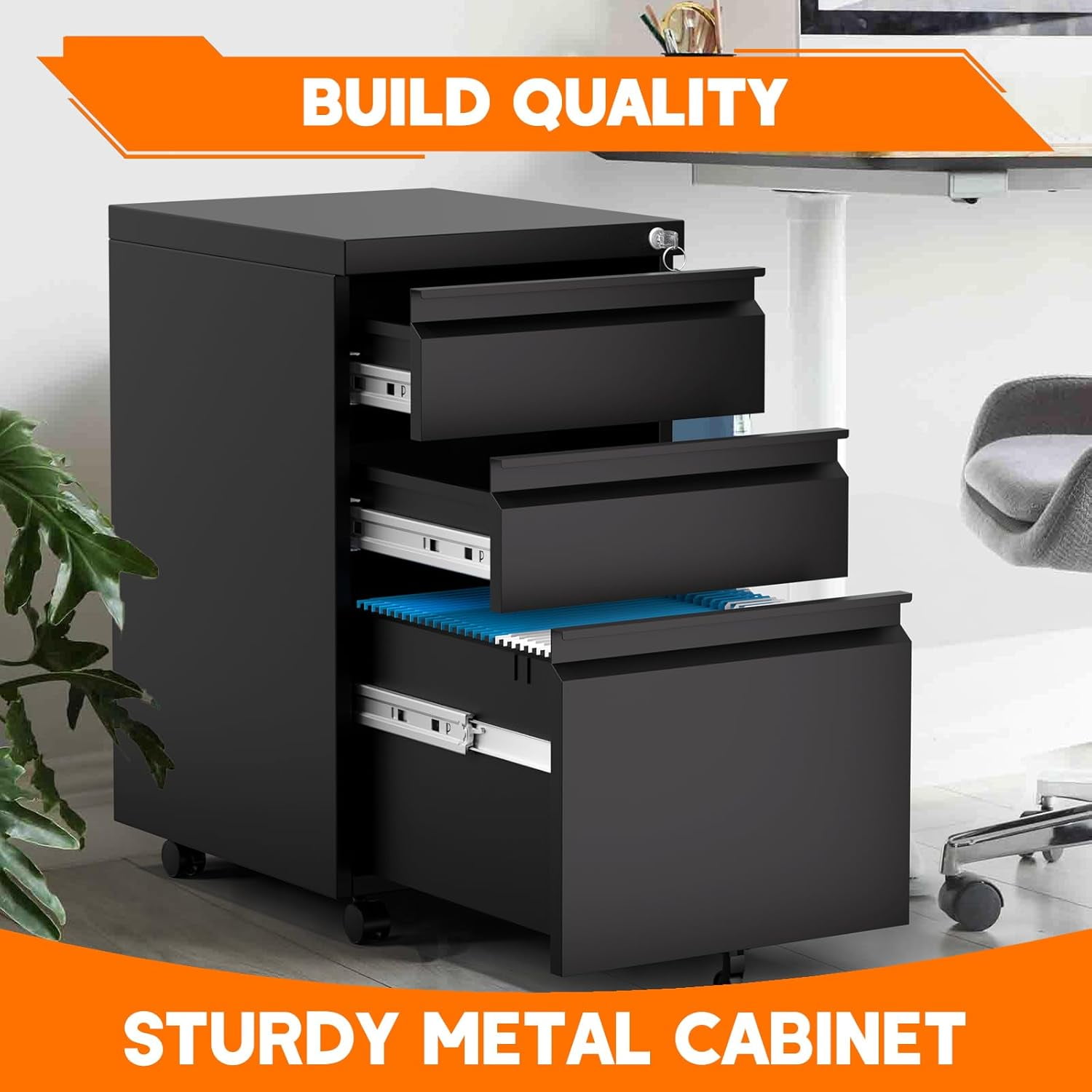 3 Drawer Metal File Cabinet with Lock&Wheels, Office Lateral Filing Cabinets with Hanging Letter/Legal/A4 Folders for Home, Office, Assembly Required, Black,