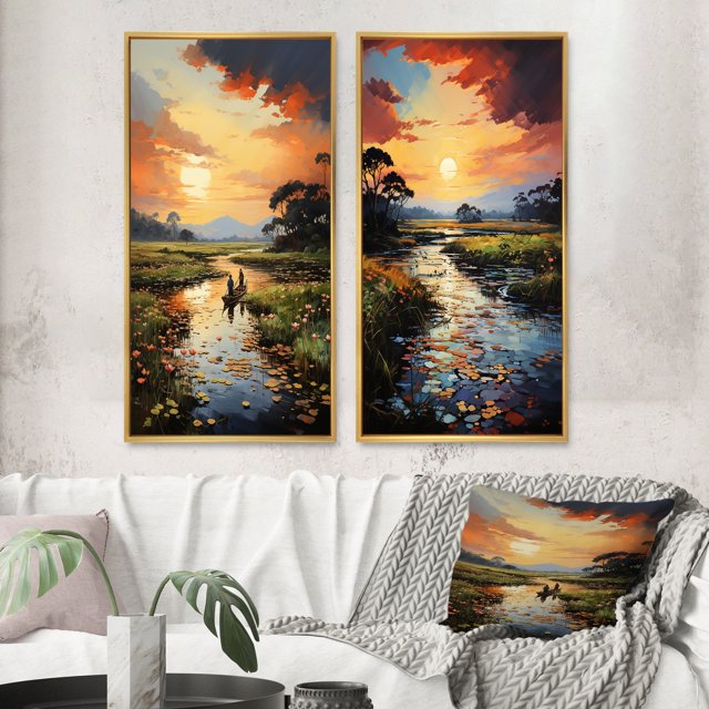 Designart "Coucher de Soleil sur une Rivière du Vietnam Delta II" Art Mural Encadré Vietnamien Ensemble de 2 - Ensemble de Cadres Muraux de Galerie de Paysages Rouges pour Décoration Intérieure