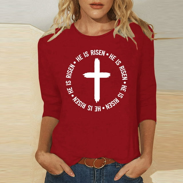 EGNMCR Easter Chemise Imprimée Graphiques pour Femmes Manches Courtes 3/4 Mode Easter Day Fleur Oreilles de Lapin T-shirt Blouse Col Rond Hauts Décontractés T-Shirts pour Femmes